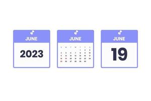 conception du calendrier de juin. 19 juin 2023 icône de calendrier pour l'horaire, le rendez-vous, le concept de date importante vecteur