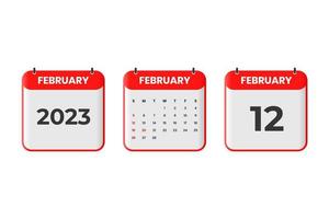 conception du calendrier de février 2023. Icône de calendrier du 12 février 2023 pour l'horaire, le rendez-vous, le concept de date importante vecteur