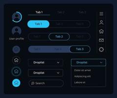 kit d'éléments d'interface utilisateur du panneau de commande. onglets principaux. composants vectoriels isolés modifiables. boutons d'interface. pack de conception web pour application mobile, logiciel avec thème sombre vecteur