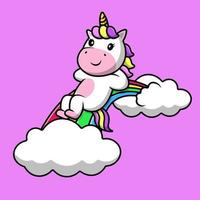 licorne mignonne portant sur l'illustration d'icônes vectorielles de dessin animé nuage arc-en-ciel. concept de dessin animé plat. adapté à tout projet créatif. vecteur