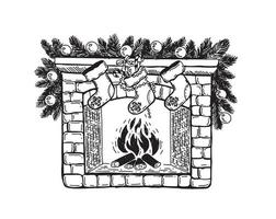 cheminée avec chaussettes et décorations de noël, illustration dessinée à la main. vecteur. vecteur