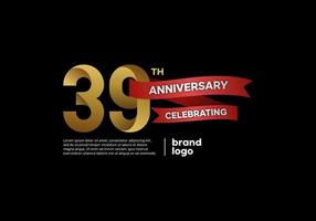 Logo anniversaire 39 ans en or et rouge sur fond noir vecteur