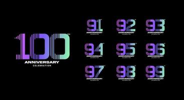 ensemble de logotype anniversaire coloré. 91, 92, 93, 94, 95, 96, 97, 98, 99, 100 vecteur