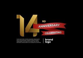 Logo anniversaire 14 ans en or et rouge sur fond noir vecteur