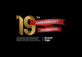 Logo anniversaire 19 ans en or et rouge sur fond noir vecteur