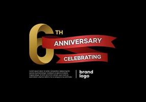 logo anniversaire 6 ans en or et rouge sur fond noir vecteur