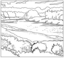 livre de coloriage . beau paysage, rivière et arbres. fond de ligne d'art vectoriel. vecteur