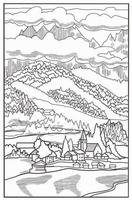 livre de coloriage . beau paysage, montagnes et village dans la vallée. fond de ligne d'art vectoriel. vecteur