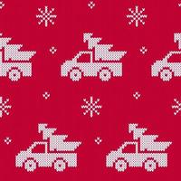 camions de noël blancs transportant des arbres de noël sur fond rouge motif pull tricoté. vecteur