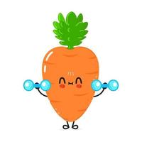personnage de carotte drôle mignon avec des haltères. icône d'illustration de personnage de dessin animé kawaii dessiné à la main de vecteur. isolé sur fond blanc. concept de gym de personnage de carotte vecteur