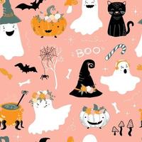 motif d'Halloween. fantômes mignons, chauves-souris et chapeau de sorcière, toile d'araignée, bonbons, chat noir, citrouilles, os et champignons. impression de bébé vecteur