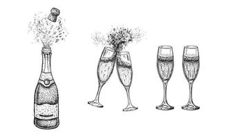 verres à champagne. bouteille de champagne. illustration vectorielle de dessin à la main. vecteur