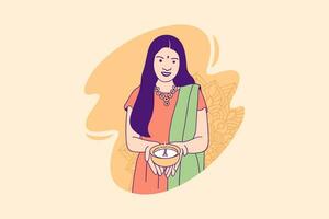 illustrations belle femme indienne tenant une lampe diya pour la célébration du concept de design diwali day vecteur