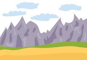 paysage de dessin animé naturel dans le style plat avec montagnes, ciel bleu, nuages et collines. illustration vectorielle vecteur