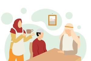 illustration vectorielle d'activité musulmane. illustration vectorielle de famille musulmane heureuse vecteur