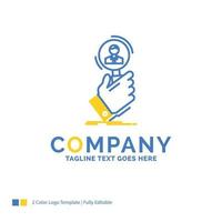 recrutement. chercher. trouver. ressource humaine. modèle de logo d'entreprise bleu jaune de personnes. lieu de modèle de conception créative pour le slogan. vecteur