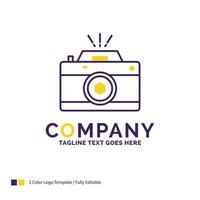 création de logo de nom de société pour appareil photo. la photographie. Capturer. photo. ouverture. conception de nom de marque violet et jaune avec place pour le slogan. modèle de logo créatif pour petites et grandes entreprises. vecteur