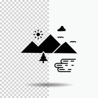 montagnes. la nature. Extérieur. des nuages. icône de glyphe de soleil sur fond transparent. icône noire vecteur