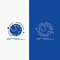 globe. monde. découvrir. lien. ligne réseau et bouton web glyphe dans une bannière verticale de couleur bleue pour ui et ux. site web ou application mobile vecteur