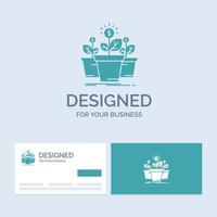 croissance. argent. plante. pot. symbole d'icône de glyphe de logo d'entreprise d'arbre pour votre entreprise. cartes de visite turquoise avec modèle de logo de marque. vecteur