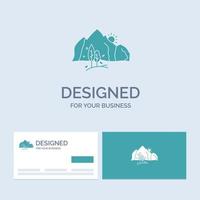 colline. paysage. la nature. Montagne. symbole d'icône de glyphe de logo d'entreprise d'arbre pour votre entreprise. cartes de visite turquoise avec modèle de logo de marque. vecteur