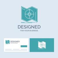 direction. explorer. carte. naviguer. symbole d'icône de glyphe de logo d'entreprise de navigation pour votre entreprise. cartes de visite turquoise avec modèle de logo de marque. vecteur