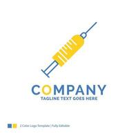 seringue. injection. vaccin. aiguille. tourné le modèle de logo d'entreprise bleu jaune. lieu de modèle de conception créative pour le slogan. vecteur