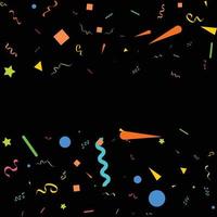 fond noir abstrait vectoriel avec de nombreux petits morceaux de confettis colorés tombant et ruban. carnaval. décoration de noël ou du nouvel an fanions de fête colorés pour anniversaire. festival