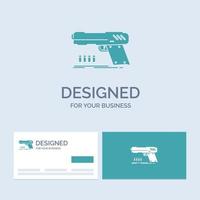 pistolet. pistolet. pistolet. tireur. symbole d'icône de glyphe de logo d'entreprise d'arme pour votre entreprise. cartes de visite turquoise avec modèle de logo de marque. vecteur