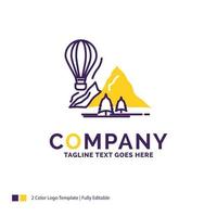 création du logo du nom de l'entreprise à explorer. voyager. montagnes. camping. des ballons. conception de nom de marque violet et jaune avec place pour le slogan. modèle de logo créatif pour petites et grandes entreprises. vecteur