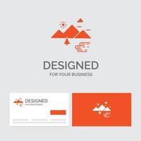 modèle de logo d'entreprise pour les montagnes. la nature. Extérieur. des nuages. Soleil. cartes de visite orange avec modèle de logo de marque. vecteur