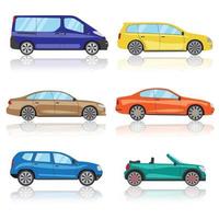 jeu d'icônes de voitures. 6 icônes de voiture de sport 3d colorées différentes. vecteur