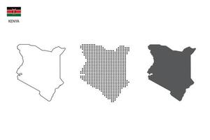 3 versions du vecteur de la ville de la carte du kenya par un style de simplicité de contour noir fin, un style de point noir et un style d'ombre sombre. le tout sur fond blanc.