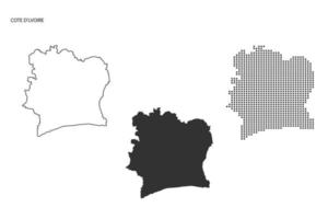 3 versions du vecteur de ville de carte de côte d'ivoire par un style de simplicité de contour noir fin, un style de point noir et un style d'ombre sombre. le tout sur fond blanc.