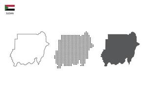 3 versions du vecteur de la ville de carte du Soudan par un style de simplicité de contour noir fin, un style de point noir et un style d'ombre sombre. le tout sur fond blanc.