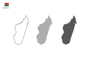 3 versions du vecteur de la ville de carte de madagascar par un style de simplicité de contour noir fin, un style de point noir et un style d'ombre sombre. le tout sur fond blanc.