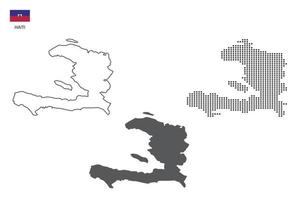 3 versions du vecteur de la ville de carte d'Haïti par un style de simplicité de contour noir fin, un style de point noir et un style d'ombre sombre. le tout sur fond blanc.