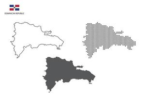 3 versions du vecteur de la ville de la carte de la république dominicaine par un style de simplicité de contour noir fin, un style de point noir et un style d'ombre sombre. le tout sur fond blanc.