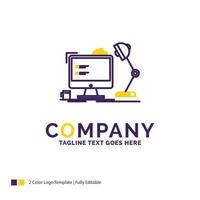 création de logo de nom d'entreprise pour le lieu de travail. poste de travail. Bureau. lampe. l'ordinateur. conception de nom de marque violet et jaune avec place pour le slogan. modèle de logo créatif pour petites et grandes entreprises. vecteur