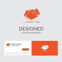 modèle de logo d'entreprise pour la poignée de main. poignée de main. main tremblante. accord. Entreprise. cartes de visite orange avec modèle de logo de marque. vecteur