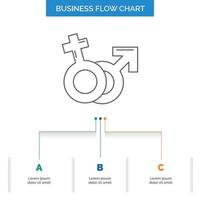 le genre. Vénus. Mars. Masculin. conception d'organigramme d'entreprise féminine en 3 étapes. icône de ligne pour le modèle d'arrière-plan de présentation place pour le texte vecteur