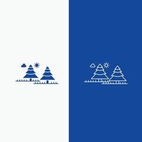 forêt. camping. jungle. arbre. ligne de pins et bouton web glyphe dans une bannière verticale de couleur bleue pour ui et ux. site web ou application mobile vecteur