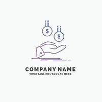 pièces de monnaie. main. devise. Paiement. modèle de logo d'entreprise violet argent. place pour le slogan vecteur