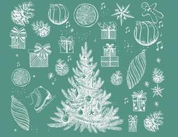 ensemble d'arbres de noël, joyeux noël et bonne année. illustrations dessinées à la main. vecteur