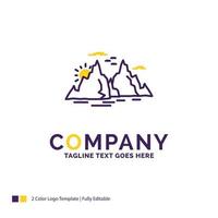 création de logo de nom de société pour la montagne. colline. paysage. la nature. Soleil. conception de nom de marque violet et jaune avec place pour le slogan. modèle de logo créatif pour petites et grandes entreprises. vecteur