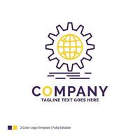 création de logo de nom d'entreprise pour l'international. Entreprise. globe. à l'échelle mondiale. équipement. conception de nom de marque violet et jaune avec place pour le slogan. modèle de logo créatif pour petites et grandes entreprises. vecteur