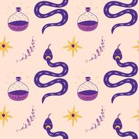 serpent mystique, étoile. modèle occulte. éléments magiques bouteille de potion de serpent, étoile, herbe. illustration occulte magique dessinée à la main. arrière-plan spirituel boho graphique. vecteur serpent motif transparent violet.