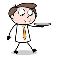 Atout d'un personnage de dessin animé de jeune homme d'affaires portant une assiette vide vecteur