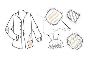 raccommodage clothes.vector doodle ensemble dessiné à la main de patchs en tissu à coudre. vecteur