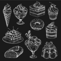 croquis de craie de gâteau et de crème glacée sur le tableau noir vecteur